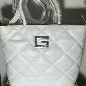 Guess White Quilted Tote with Silver Accent NWT
